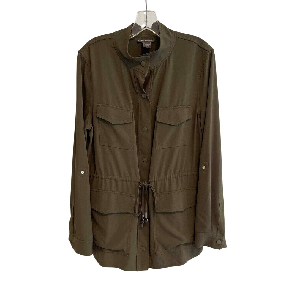 Chelsea & Theodore Olive Green Utility Jacket Roll Tab‎ Sleeve Snap Front Large